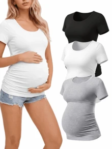 3-Pack Women's Maternity Wear, Casual Short-Sleeve Sports Yoga Tops For Summer, Soft Cotton Comfortable T-Shirts, Spring & Summer Loungewear - Black + White + Gray 3-piece Set - View 1