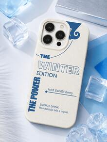 1PC Minimal Typography Phone Case Compatible With Iphone 15 14 13 12 11 Pro Max, Cream White Grain Leather Base Klein Blue "The Winter Edition The Power" Energy Drink Text Abstract Curve Graphic Cream White Frame Shockproof Phone Shell - Beige - View 2