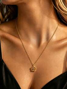 VceTd 2PCS French Romantic Style Rose Shaped Stainless Steel Earrings/Necklace Jewelry Set For Women, Suitable For Dating, Commuting Or Holiday Gift For Loved Ones - Yellow Gold - View 4