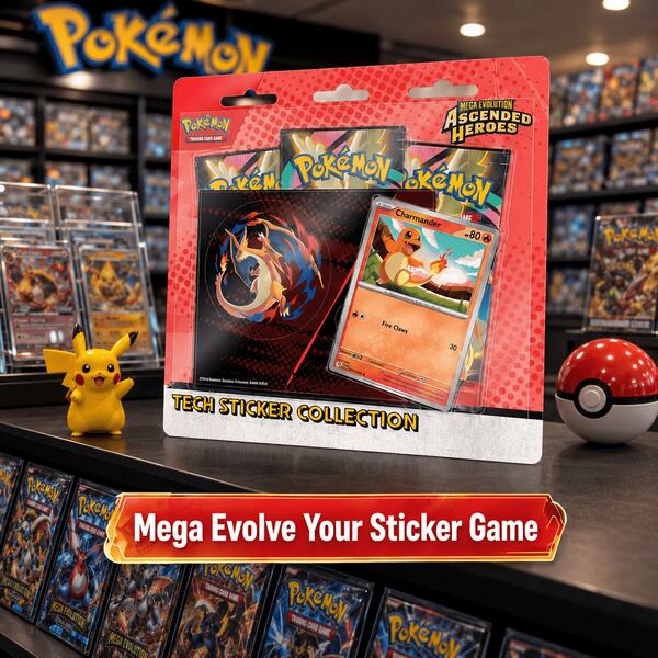 pokemon Colección de Pegatinas Pokémon TCG Mega Evolution Ascended Heroes Charmander Tech con 3 Paquetes Booster
