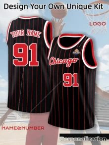Black & Red Vertical Striped Customizable Basketball Jersey, Sleeveless Sports Tank Top; Black Base With Red Fine Stripes, Red & White Contrast Collar Design, Customizable Name, Number, Team Logo. Soft Fabric, Suitable For Game Training And Streetwear, Meets Team Formation And Fan Private DIY Needs, 2026 Basketball Competition - Black - View 1