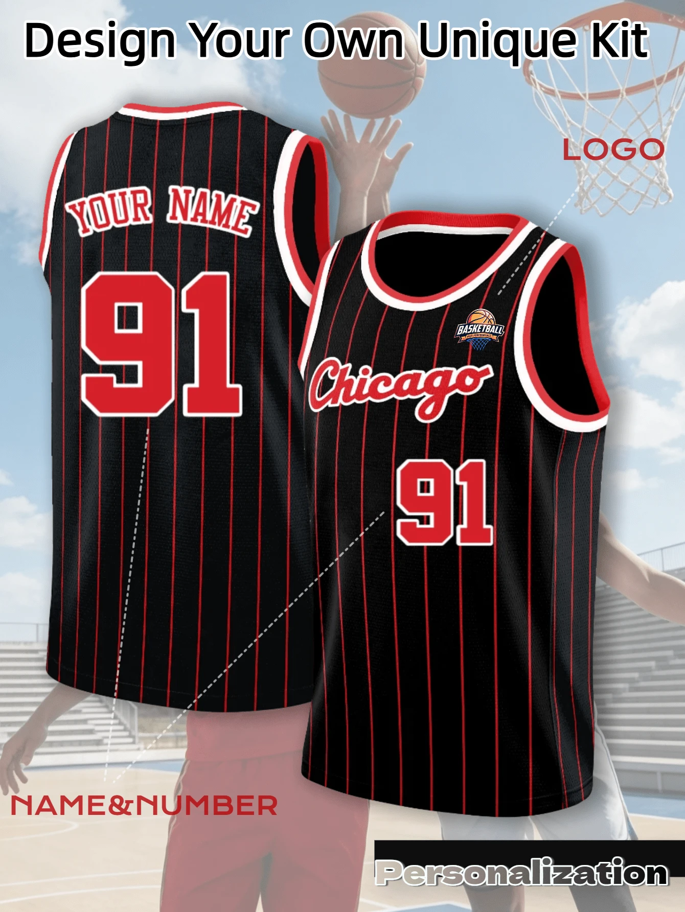 Black & Red Vertical Striped Customizable Basketball Jersey, Sleeveless Sports Tank Top; Black Base With Red Fine Stripes, Red & White Contrast Collar Design, Customizable Name, Number, Team Logo. Soft Fabric, Suitable For Game Training And Streetwear, Meets Team Formation And Fan Private DIY Needs, 2026 Basketball Competition - Black - View 1