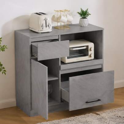 85.5cm Compact Multifunctional Cupboard / Nordic Wood Grain Design Cabinet / Adjustable Shelves / Easy To Clean / Hidden Storage / Easy Assembly / Suitable For Kitchen, Dining Room, Living Room, And Shop