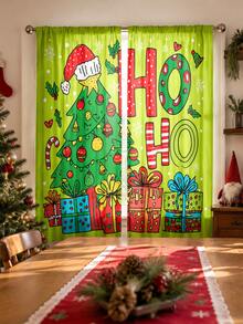 2 Panels Merry Christmas Semi Sheer Curtains, Polyester Cartoon Christmas Tree HO HO HO Gift Box Snowflake Printed Privacy Light Filtering Rod Pocket Window Drapes, Xmas Holiday Decor Curtains For Bedroom Living Room - Multicolor 1 - View 1
