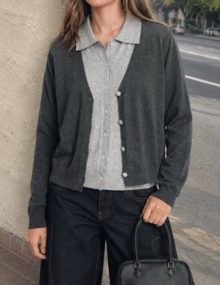新款秋冬女款極簡休閒 2 合 1 翻領針織開襟毛衣 - 灰色 - 查看 2