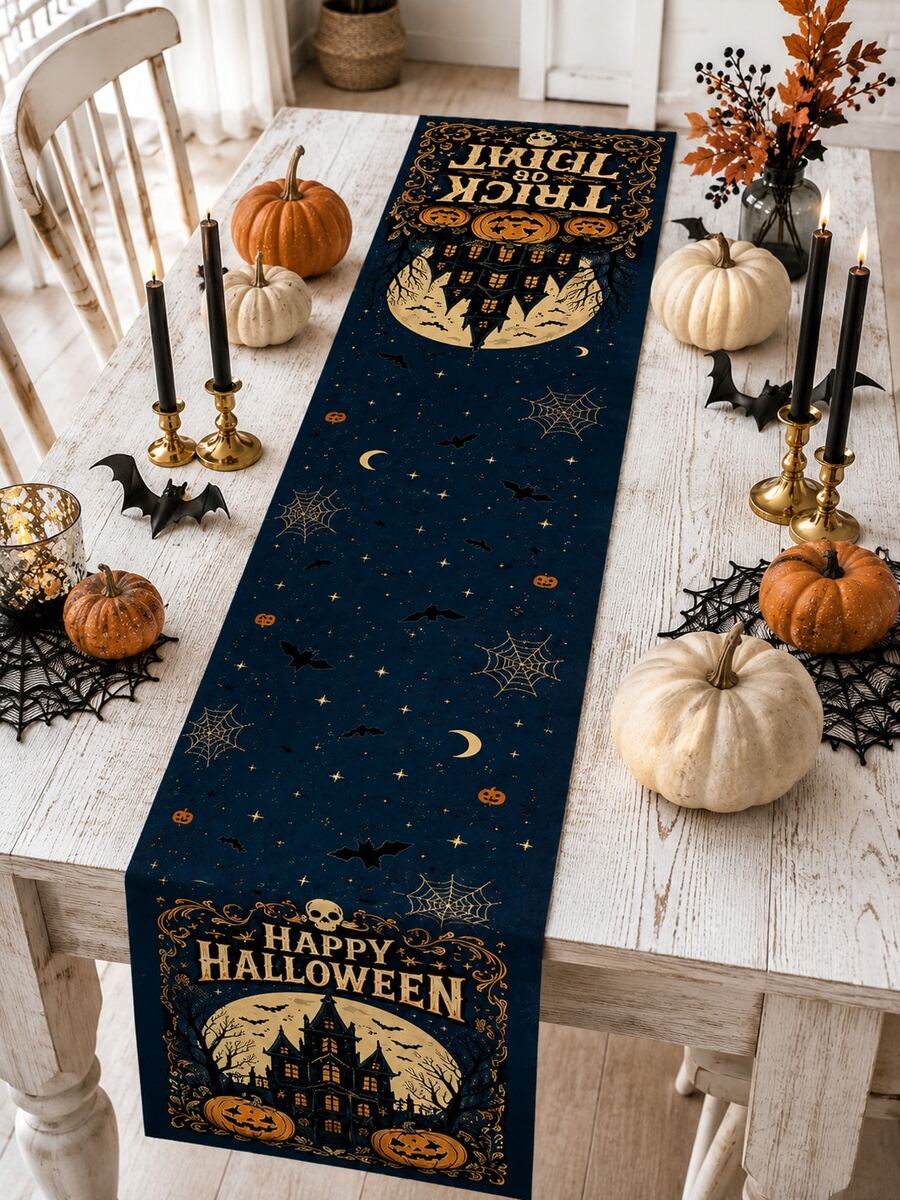 1pc-Happy Halloween Linen Table Runner, Vintage Haunted House Pumpkin Skull Bat Spider Web Printed Navy Table Decor, Gothic Farmhouse Fall Runner For Kitchen Dining Halloween Party - Multicolor - View 1