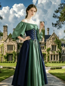 Women's Medieval Renaissance Costume, Cold Shoulder Bell Sleeve Top, Lace-Up Waist Belt And Color-Block Long Skirt, Vintage Elf Style Cosplay Party Outfit - Green - View 4