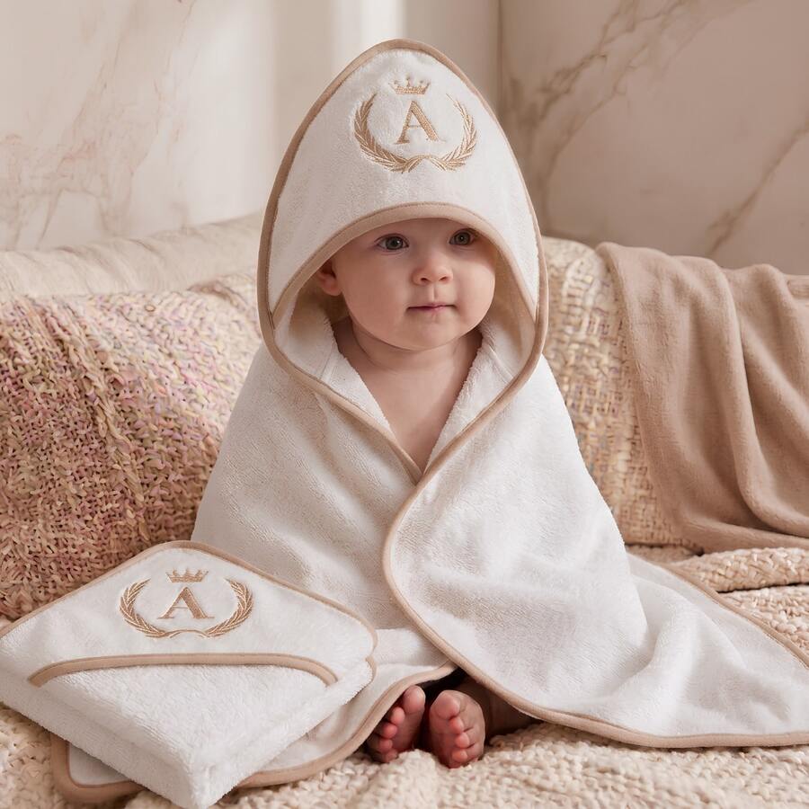 Set Of 2 Personalized Baby Initial/Name Hooded Bath Towels With Embroidery, 100% Cotton, High Absorption, Brown - Mocha Brown - View 1