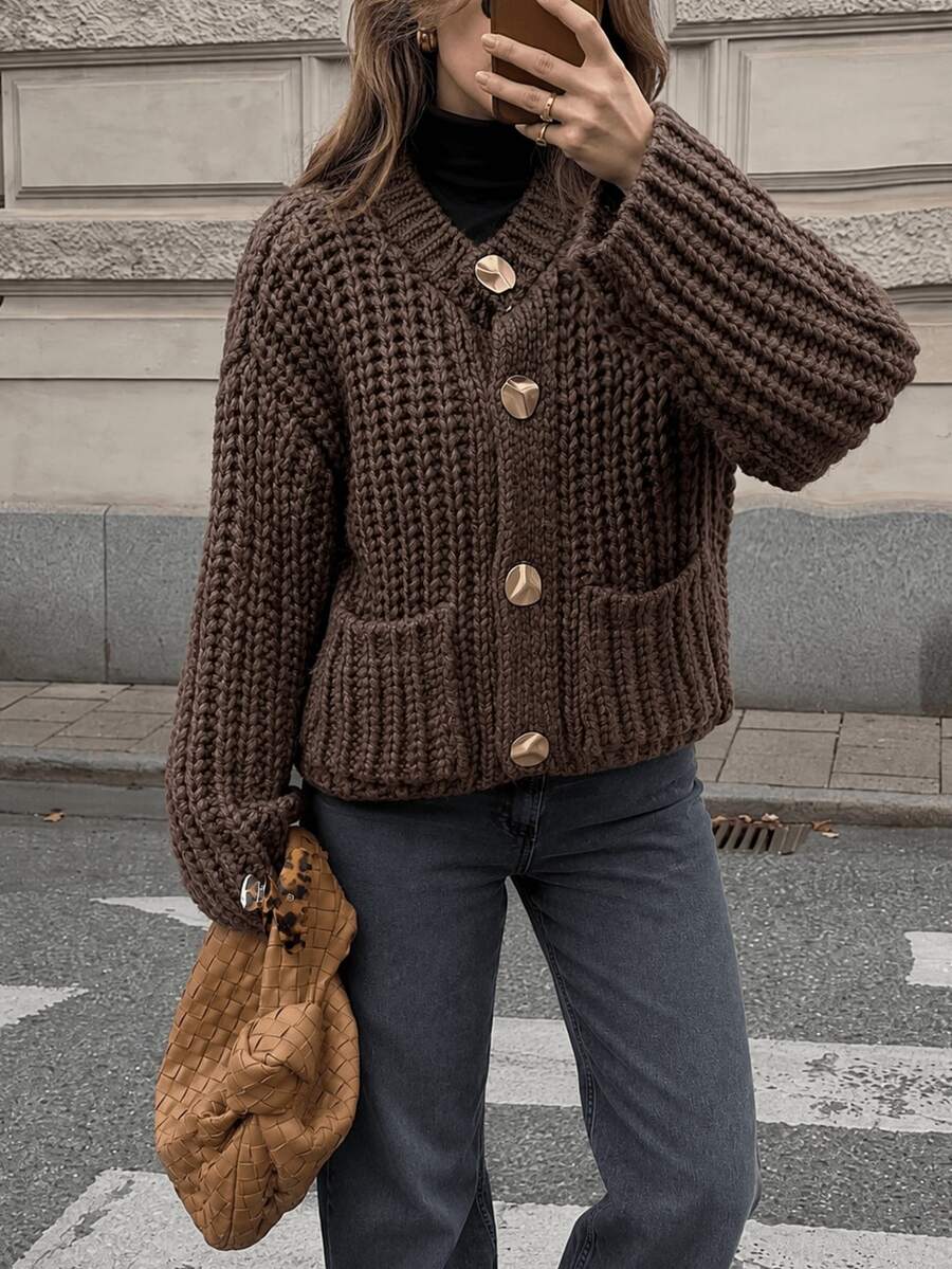 GDDYIN Women's Solid Color Ribbed Pocket Button Casual Knit Jacket For Autumn - Mocha Brown - View 1