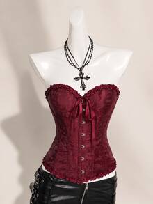 深酒紅提花長骨架束腰上衣，復古宮廷風哥德式女款 Bustier - 酒紅色 - 查看 1
