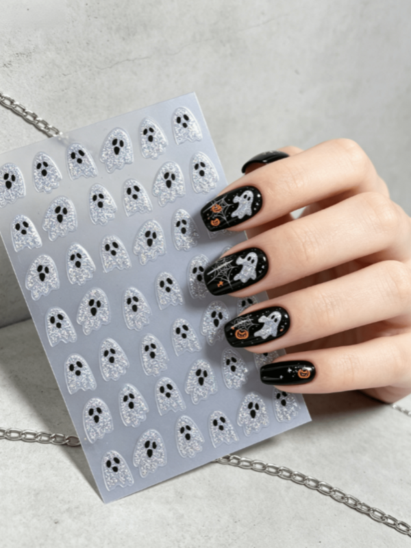 1 Sheet Silver Glitter Cute Ghost Halloween Nail Stickers , Cartoon Ghost Star Spider Web Pumpkin Nail Decals, Self-Adhesive Transparent Soft Spooky Holiday Nail Art Decor For DIY Manicure & Press On Nails