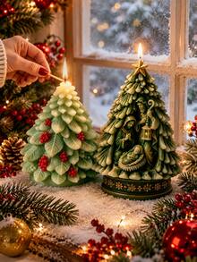 1pc Christmas Tree Silicone Candle Mold, Berry Leaf Short Pine & Star Top Christmas Holy Family Embossed Tall Fir Mold, Full Leaf Texture, Non-Stick Flexible Reusable Silicone, Suitable For DIY Soy Wax Candles, Epoxy Resin, Plaster, Soap, Winter Window Decor And Religious Christmas Gift Box Decoration - Christmas Tree Silicone Mold - View 4