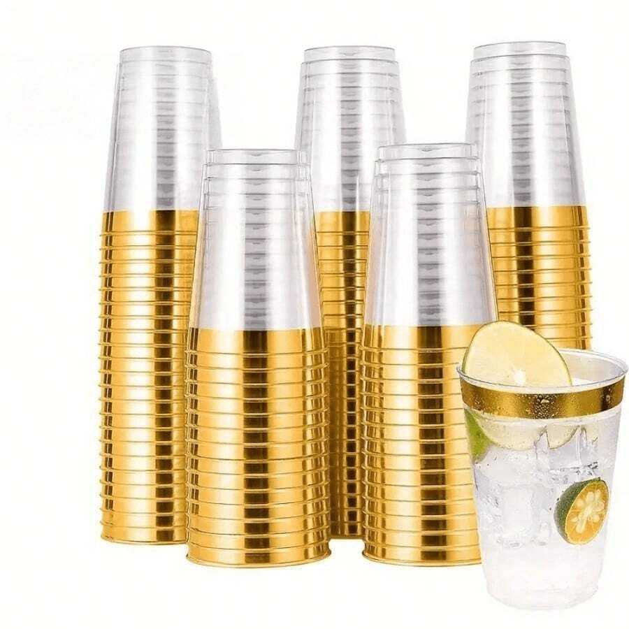 25pcs/50pcs Gold Cups, 6.76oz Clear Cups With Gold Rim, Gold Beer Cups, Party Cups, Premium Gold Rimmed Cups, Perfect For Weddings And Parties