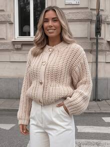 GDDYIN Women's Solid Color Ribbed Pocket Button Casual Daily Thick Knit Jacket, Autumn - Beige - View 2