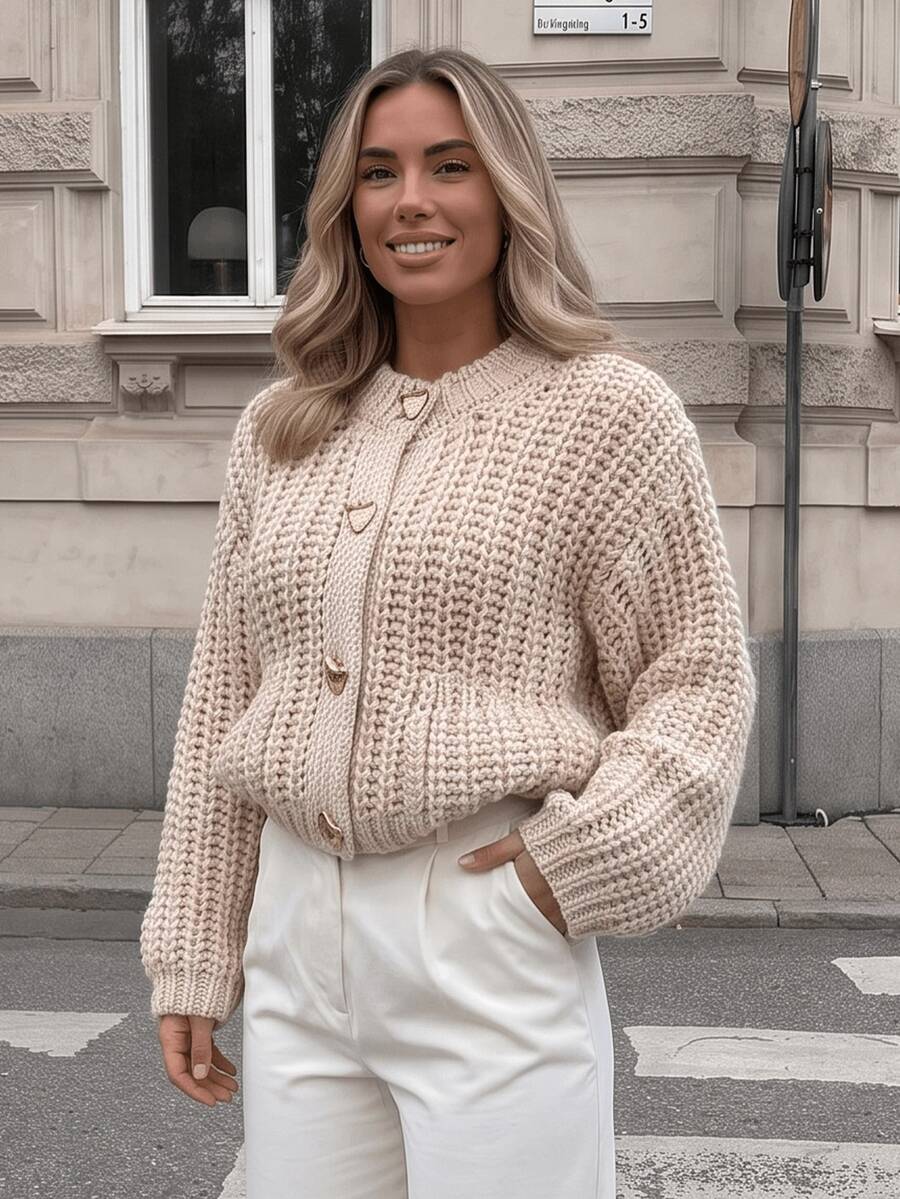 GDDYIN Women's Solid Color Ribbed Pocket Button Casual Daily Thick Knit Jacket, Autumn - Beige - View 1