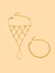 2pcs Gold Bead Mesh Finger Chain Bracelet Set, Exquisite Small Gold Bead Mesh Finger Jewelry, Multi-Layer Stackable Elegant Thin Bracelet Hand Accessory Set For Women - Mesh - View 11