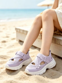 2026 Summer Girls' Breathable Mesh Closed-Toe Sports Sandals, Floral Decor Strappy Non-Slip Sole Children's Sports Sandals, Suitable For Beach, Daily, Outdoor, School - Purple - View 7