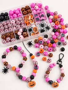 65pcs/35pcs Mixed Halloween Wooden Beads Set, Pumpkin Spider Skull Pattern Wooden Beads, Suitable For DIY Wreaths, Bracelets, Keychains And Other Handicrafts, Or Used For Halloween Party Decoration - Multicolor - View 2
