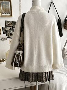Women's New Autumn/Winter White Round Neck Sweater, Loose Drop Shoulder Slouchy Knit Base Layer Top - Off White - View 2