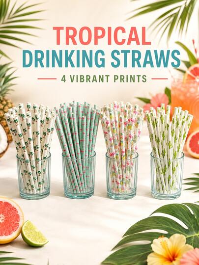 50pcs Tropical Hawaiian Party Drinking Straws Flamingo Pineapple Palm Tree Cactus Prints For Cocktails Juice Milkshakes Weddings Picnics Camping And Celebrations