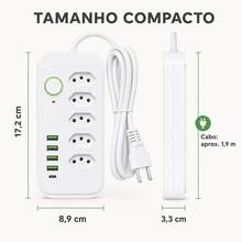 Régua de Tomadas com 5 Entradas 4 USB + 1 USB-C Cabo 1,9m Bivolt com Interruptor Branca - Entrada do Brasil (220V) - Visão 3