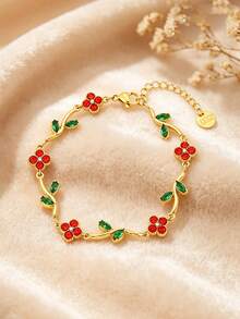 1pc 18K Gold-Plated Stainless Steel Multi-Color Flower Leaf Clover Bracelet, Light Luxury Retro Flower Zirconia Women's Accessory - Gold 13 - View 3