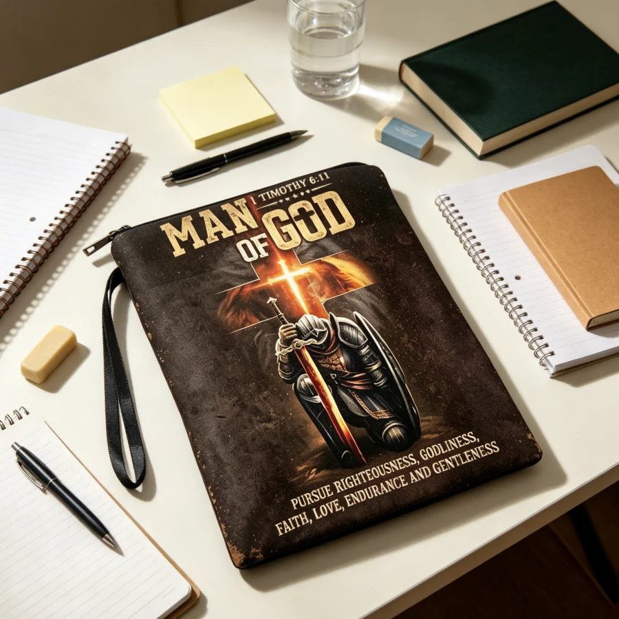 Man Of God 1 Timothy 6:11 印花書包收納袋,聖經金句金色十字拉鍊手腕包收納袋 - 單件 - 查看 1