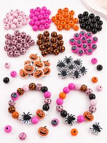 65pcs/35pcs Mixed Halloween Wooden Beads Set, Pumpkin Spider Skull Pattern Wooden Beads, Suitable For DIY Wreaths, Bracelets, Keychains And Other Handicrafts, Or Used For Halloween Party Decoration - Multicolor - View 4