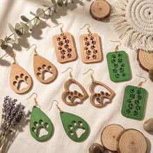 5 Pairs/Sets, Paw Print Heart Water Drop Hollow Wooden Carved Earrings For Women, Bohemian Natural Cute Style, Daily Casual All-Season - Multicolor - View 1