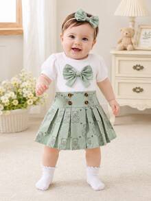 2 pezzi/Set Outfit stile dolce per bambine, Top a costine lavorato a maglia con decorazione a fiocco e stampa a cuore + Gonna plissettata in tessuto, Maniche a palloncino, Gonna plissettata a-line, Estate - Verde - Visualizzare 1