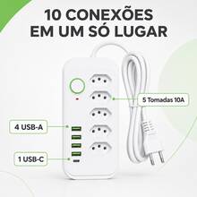 Régua de Tomadas com 5 Entradas 4 USB + 1 USB-C Cabo 1,9m Bivolt com Interruptor Branca - Entrada do Brasil (220V) - Visão 2