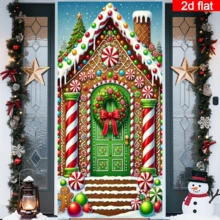 2D Flat Christmas Gingerbread House Door Curtain, Cartoon Style Candy Gingerbread House Design With Candy Canes, Colorful Balls And Gingerbread Men, Multi-Color Palette, Durable Polyester, No Power Required, Suitable For Christmas Theme Decoration, Can Be Used For Indoor/Outdoor Wall, Door And Window Decoration, Holiday Atmosphere Decoration, Home, Mall, Studio, Outdoor Scene Universal, Polyester Material, No Power Required - A - View 2