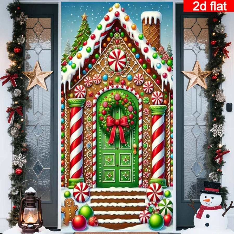 2D Flat Christmas Gingerbread House Door Curtain, Cartoon Style Candy Gingerbread House Design With Candy Canes, Colorful Balls And Gingerbread Men, Multi-Color Palette, Durable Polyester, No Power Required, Suitable For Christmas Theme Decoration, Can Be Used For Indoor/Outdoor Wall, Door And Window Decoration, Holiday Atmosphere Decoration, Home, Mall, Studio, Outdoor Scene Universal, Polyester Material, No Power Required