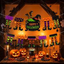 Witch Leg Cauldron Flag, Felt, Halloween Pom Pom Witch Cauldron And Various Pattern Witch Leg Paper Cutout Hanging Flag, Happy Halloween Wall Hanging Party Decoration, Home And Room Decor, Holiday Atmosphere Prop, Party Prop, Party Gift - Multicolor-a - View 6