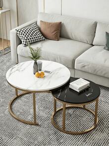 1pc Stackable Metal Frame Marble Table - Living Room Coffee Table, Featuring A Sturdy Metal Frame And An Inlaid Marble Tabletop. Movable And Space-Saving, Ideal As An End Table For The Living Room, Bedroom, Balcony And Terrace. - Multicolor - View 8