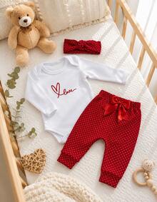 Sempre Bebê Baby Girl Clothing Set Long Sleeve Bodysuit With Pants And Headband Blogger Diva Leopard Print Kitten Bow Outfit Winter Cold Weather Set Luxury Fashion Stylish Baby - 紅色 - 查看 1