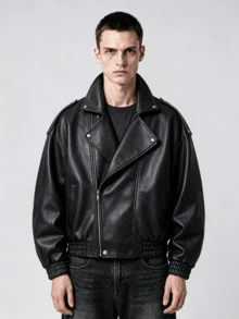 Men's Long Sleeve Biker Style PU Leather Motorcycle Jacket, Classic Lining, Heavy Duty Zipper Closure, Smooth Interior, Asymmetric Front Design, - Black - View 1