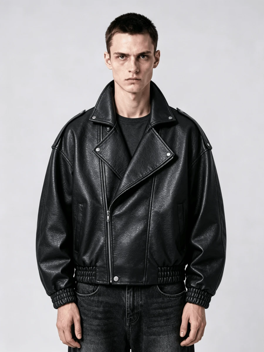 Men's Long Sleeve Biker Style PU Leather Motorcycle Jacket, Classic Lining, Heavy Duty Zipper Closure, Smooth Interior, Asymmetric Front Design, - Black - View 1