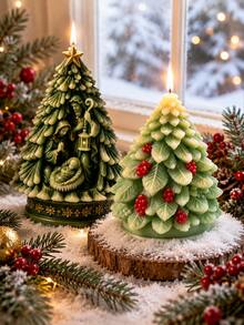 1pc Christmas Tree Silicone Candle Mold, Berry Leaf Short Pine & Star Top Christmas Holy Family Embossed Tall Fir Mold, Full Leaf Texture, Non-Stick Flexible Reusable Silicone, Suitable For DIY Soy Wax Candles, Epoxy Resin, Plaster, Soap, Winter Window Decor And Religious Christmas Gift Box Decoration - Christmas Tree Silicone Mold - View 2