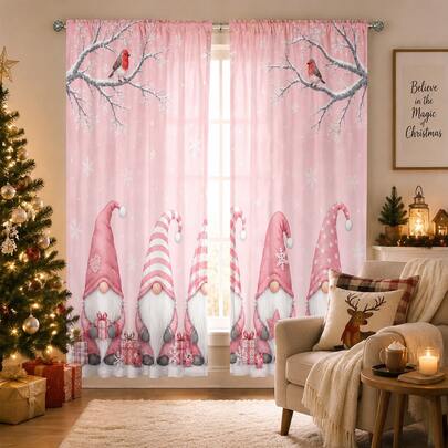 2 Panels Pink Christmas Gnome Semi Sheer Curtains, Polyester Winter Robin Bird Snowflake Gift Print Privacy Light Filtering Rod Pocket Window Drapes, Xmas Holiday Decor Curtains For Bedroom Living Room