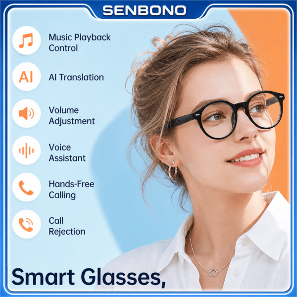 SENBONO Smart Audio Glasses With AI Voice Assistant, Hands-Free Bluetooth Eyewear For Calling & Meeting, Intuitive Volume Control, Smart Translation Glasses With Hall Induction Sensor