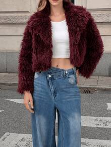 Women's New Solid Color Faux Fur Patchwork Evening Date Elegant Faux Fur Jacket - Burgundy - View 2