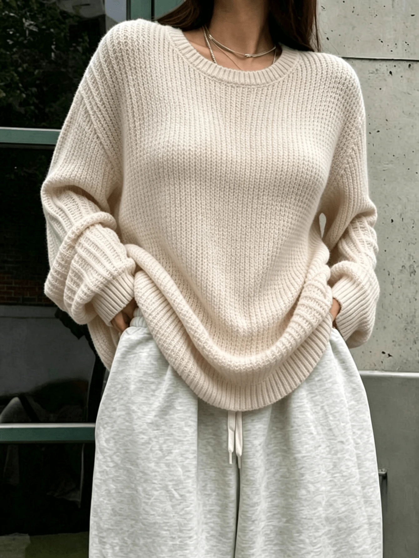 Women's Round Neck Knit Sweater, Loose Drop Shoulder Long Sleeve Ribbed Hem Soft Fabric Autumn Casual Oversized Pullover - Apricot - View 1