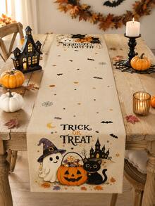 1件裝可愛萬聖節亞麻桌旗，幽靈黑貓南瓜燈鬼屋 Trick Or Treat 印花桌飾，秋季農舍風廚房餐桌萬聖節派對桌旗 - 彩色 - 查看 7
