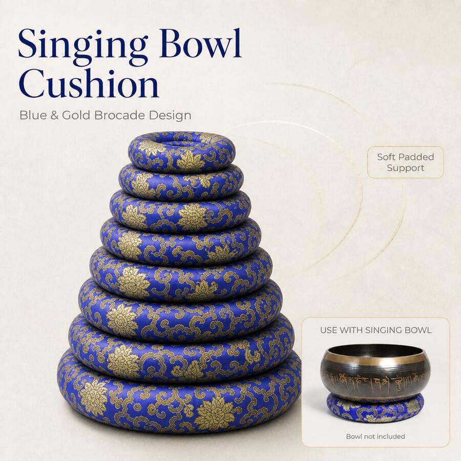 Singing Bowl Cushion In Deep Blue With Hand Embroidery, 7 Different Sizes, Authentic Nepali Design For Home Decor - Dark Blue - View 1