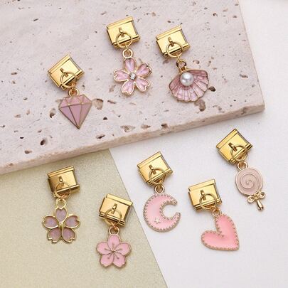 1/8pcs Italian Stainless Steel Modular Bracelet Accessories, With Pink Series Charms, Featuring Diamond, Flower, Heart, Peach Blossom And Other Vacation Style Patterns, Suitable For Handmade DIY Jewelry Making, Bracelets, Necklaces, Rings, Anklets And Other Accessories, Can Be Freely Matched With Different Styles, Perfect Gift For Birthdays, Parties, Back To School And Graduation Seasons