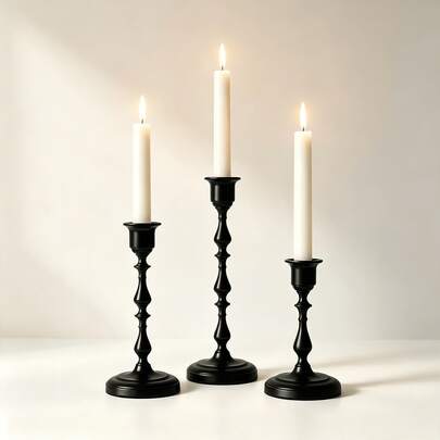 3pcs Matte Black Vintage Metal Taper Candle Holders, Desktop Decor Candle Stands, Dark Style Home, Wedding, Holiday Party Tabletop Ornaments, Candles Not Included