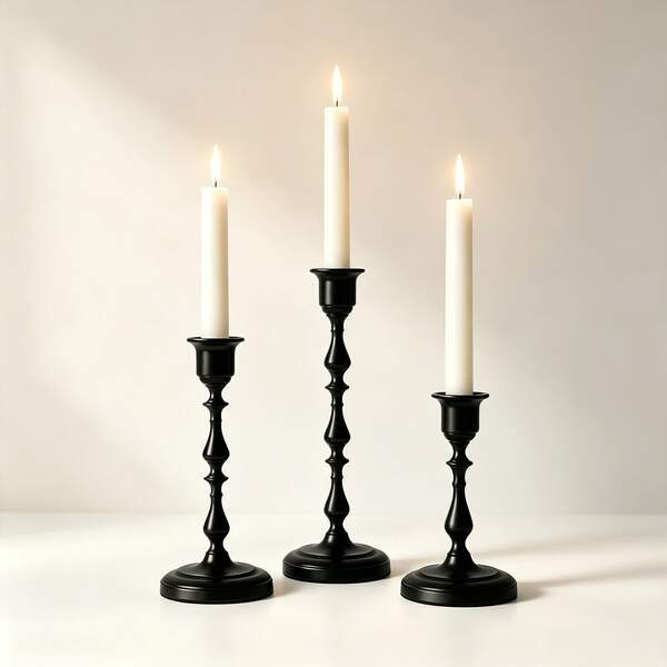 3 piezas de portavelas de metal vintage negro mate, soportes de velas para decoración de escritorio, estilo oscuro para el hogar, boda, fiesta de vacaciones, adornos de mesa, velas no incluidas