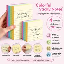 Conjunto de Notas Adesivas Coloridas, Blocos de Notas Pautados para Estudo, Escritório e Planejador, Notas Autoadesivas Removíveis, Notas de Papel em 4 Cores para Listas de Tarefas, Lembretes e Organização Diária, Temporada de Volta às Aulas - Tamanho Único - Visão 1