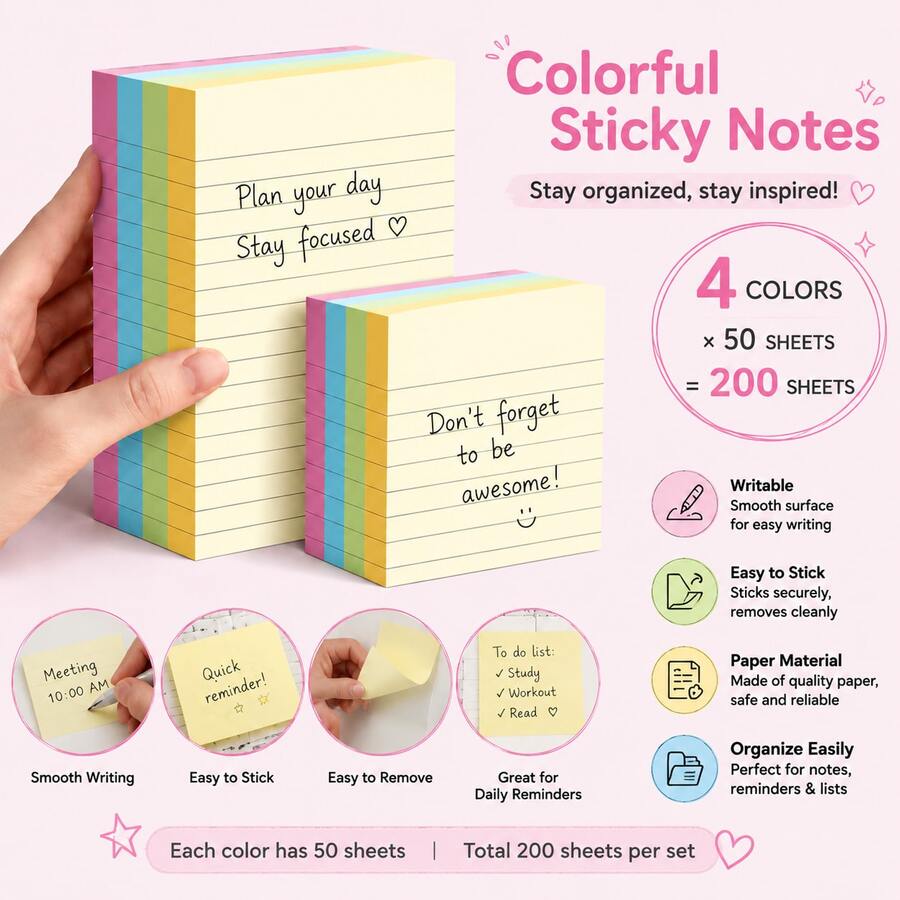 Conjunto de Notas Adesivas Coloridas, Blocos de Notas Pautados para Estudo, Escritório e Planejador, Notas Autoadesivas Removíveis, Notas de Papel em 4 Cores para Listas de Tarefas, Lembretes e Organização Diária, Temporada de Volta às Aulas - Tamanho Único - Visão 1